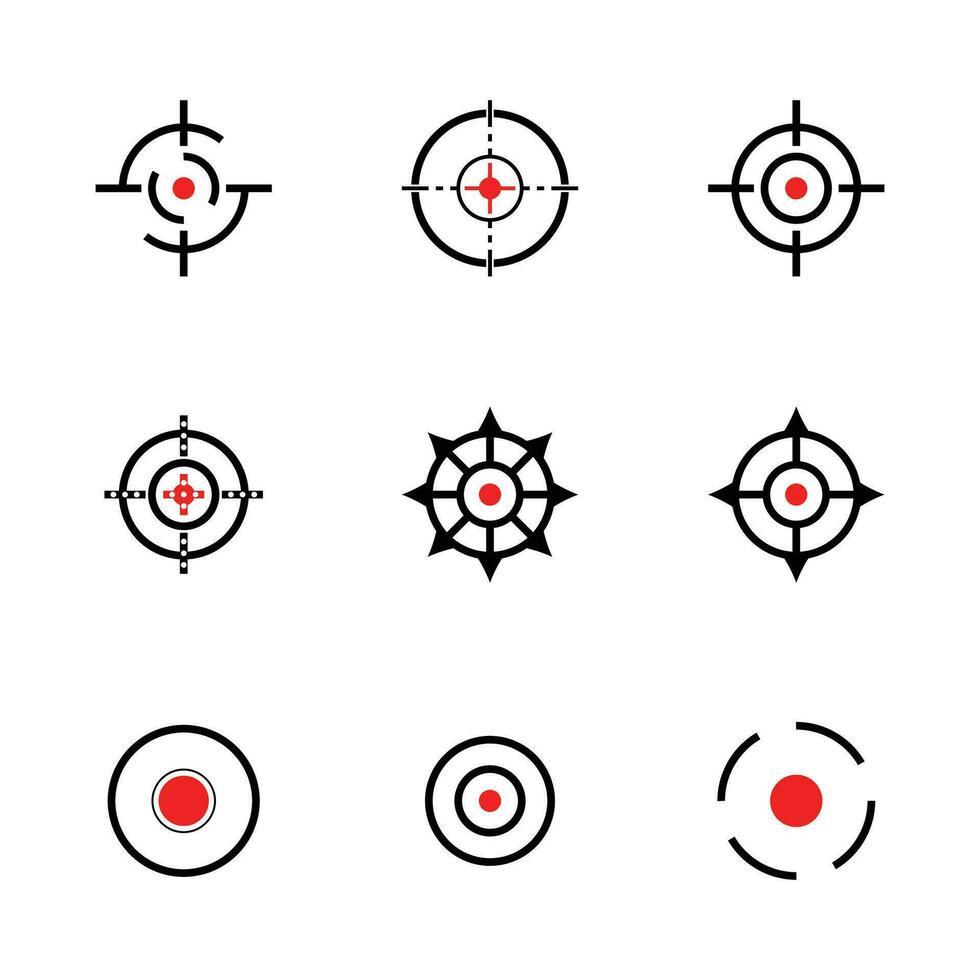 Target or Aim icon set of 9 icons in black and red color on white background target icons vector