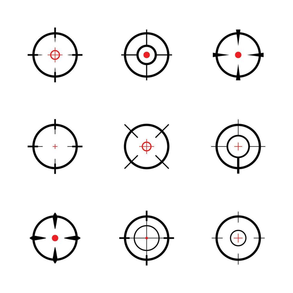 conjunto de iconos de destino o puntería iconos en color negro y rojo iconos de cruz vector