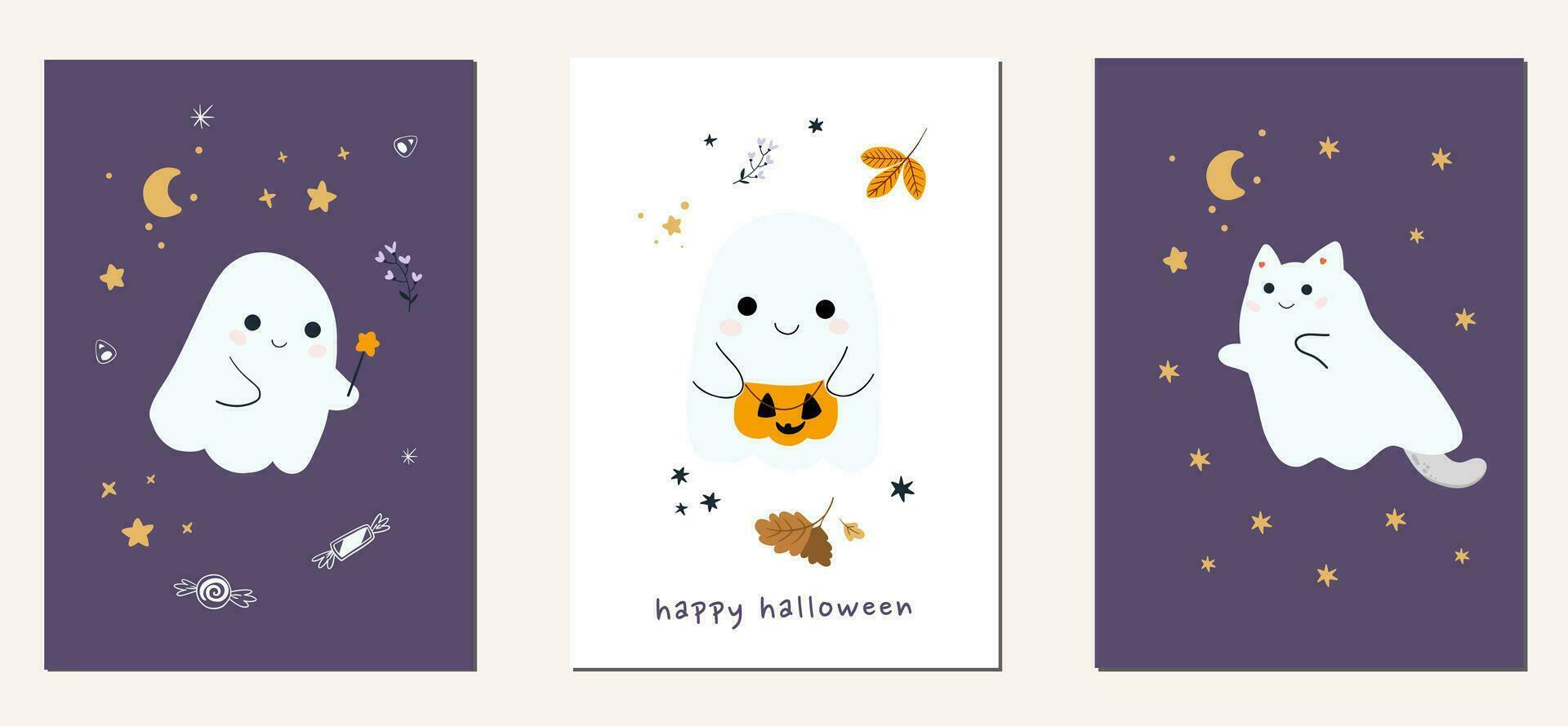 Set of cute ghosts and cats with pumpkins. Happy Halloween. Childish scary and smiling creepy characters. vector