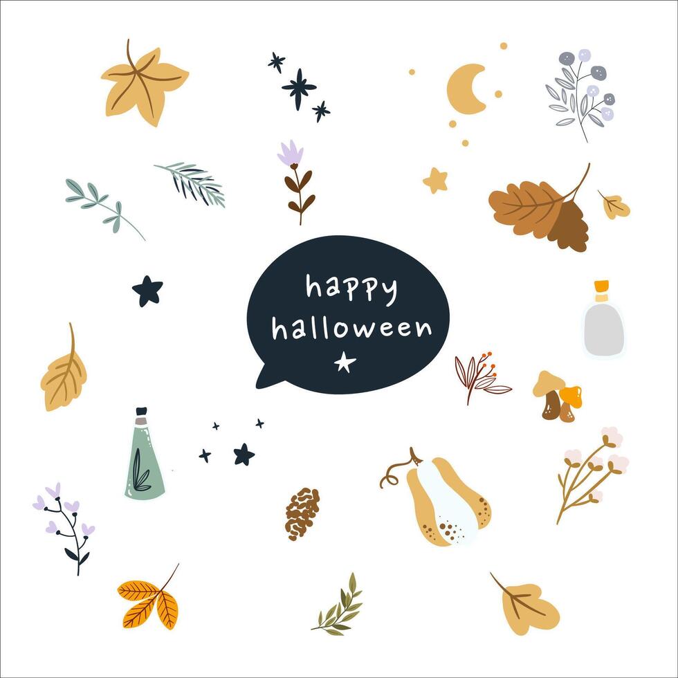 Set of cute halloween elements. Happy Halloween. Childish scary and smiling creepy characters. Great for your design, postcard, poster, kids room, logo, print. Isolated flat vector illustration