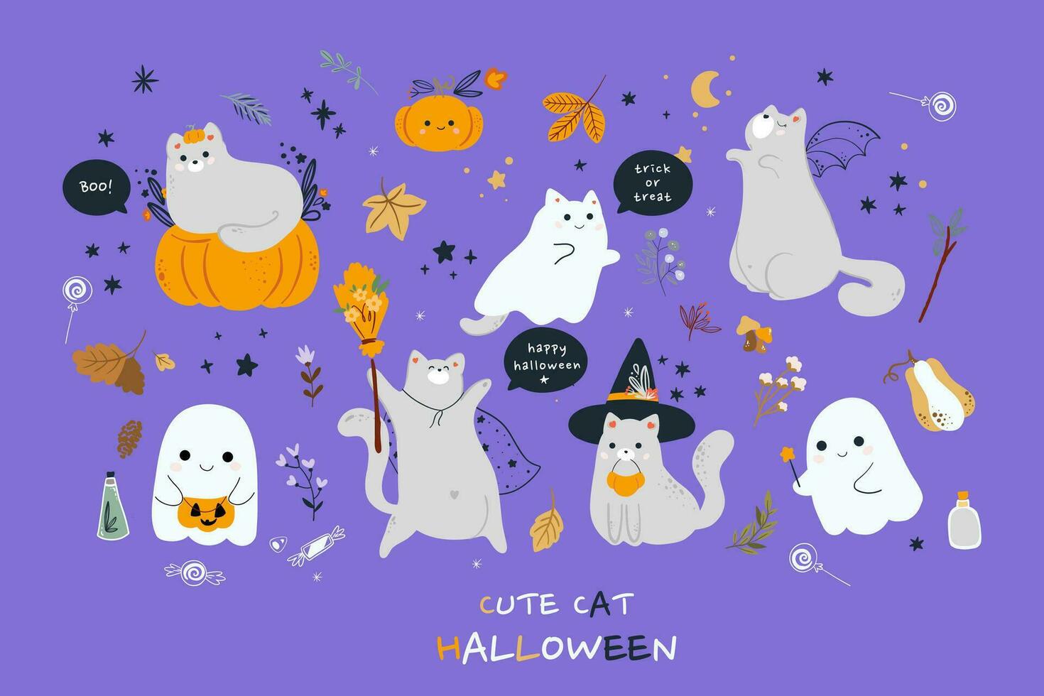 Set of cute ghosts and cats. Happy Halloween. Childish scary and smiling creepy characters. Great for your design, postcard, poster, kids room, logo, print. Isolated flat vector illustration