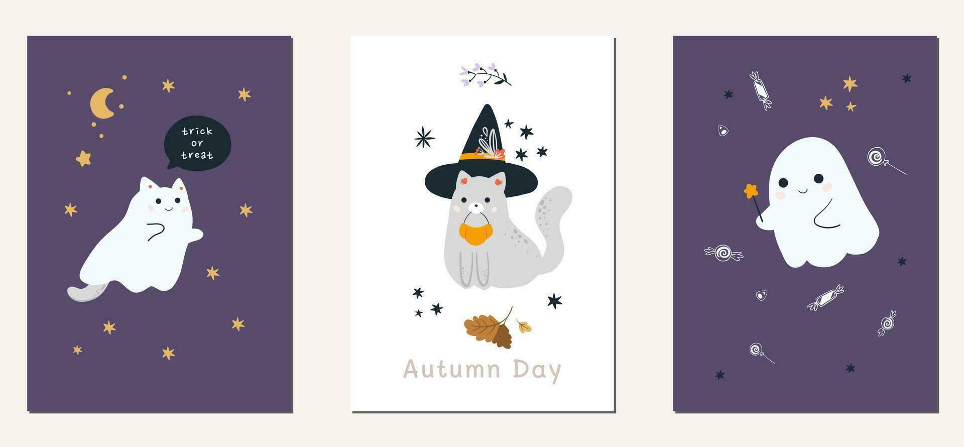 Set of cute ghosts and cats with pumpkins. Happy Halloween. Childish scary and smiling creepy characters. vector