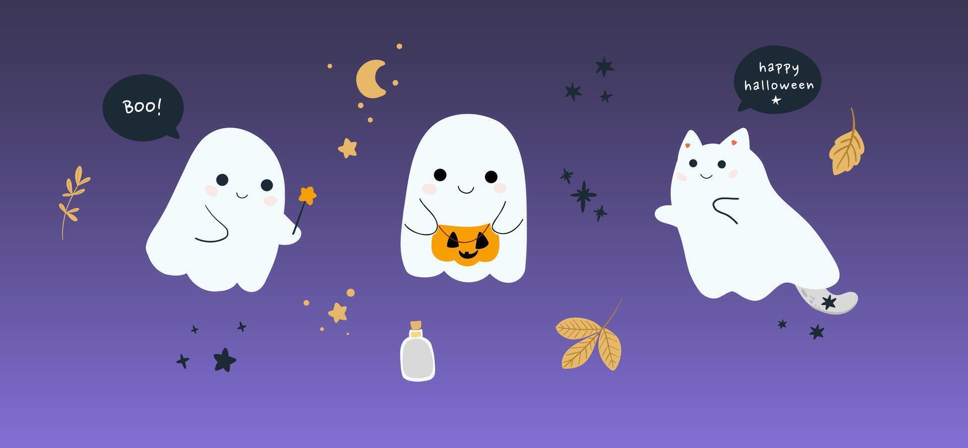 Set of cute ghosts and cats. Happy Halloween. Childish scary and smiling creepy characters. Great for your design, postcard, poster, kids room, logo, print. Isolated flat vector illustration