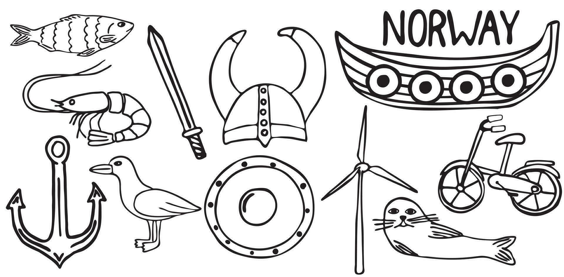 Norway attractions. Vector set in doodle style. Vikings, boat, helmet, shield, sword, seagull, bird, seal, windmills, shrimp, anchor, fish. Isolated on a white background.