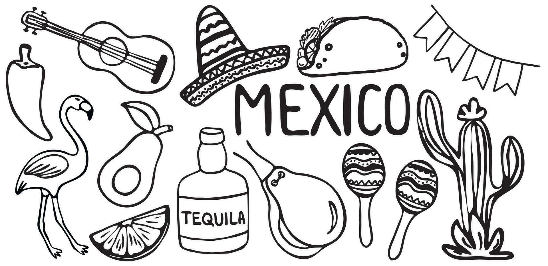 Mexican set of attractions. Cactus, guitar, tequila, lime, sombrero, taco, flamingo, avocado, castanets, pepper. Isolated on a white background. vector