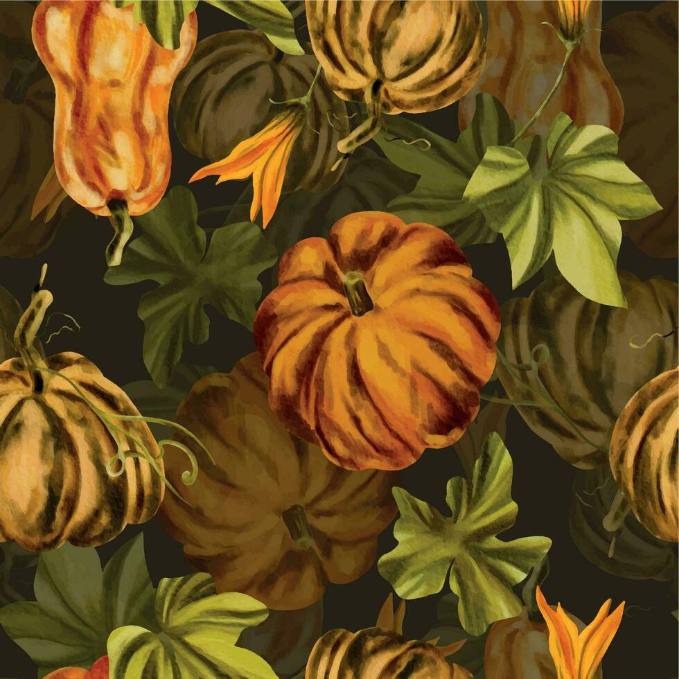 Watercolor seamless pattern with pumpkin on dark background. autumn background with pumpkin. watercolor painting, hand drawing. vector