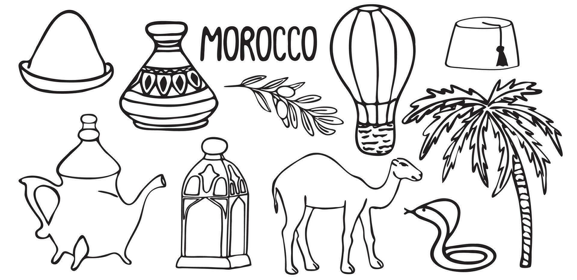 Set of Morocco. guide in doodle style with country sights cuisine people pottery camel. Vector illustration. Isolated on a white background.