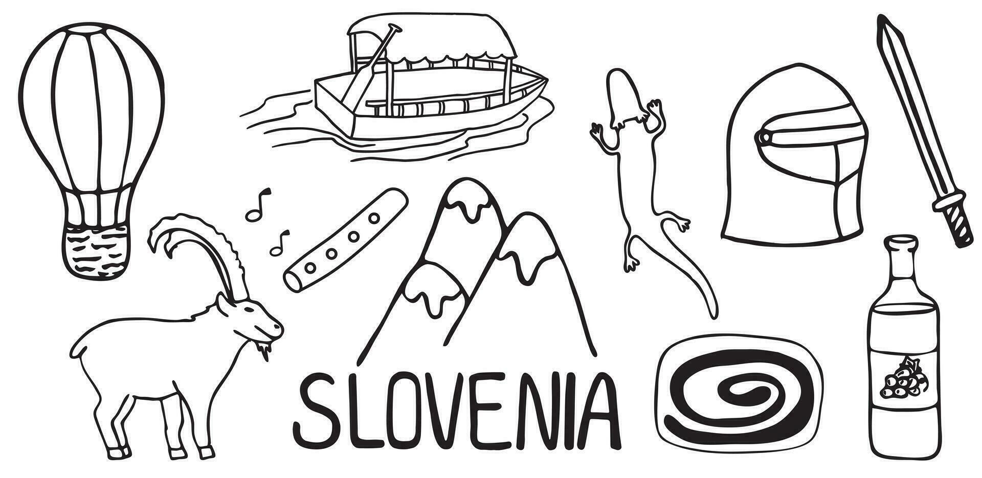 A set of sights of Slovenia. Vector stock illustration. wattle, wine, vineyards, helmet, sword, knight, salamander, alm, protei, proteidae, powitica, potica. Isolated on a white background.