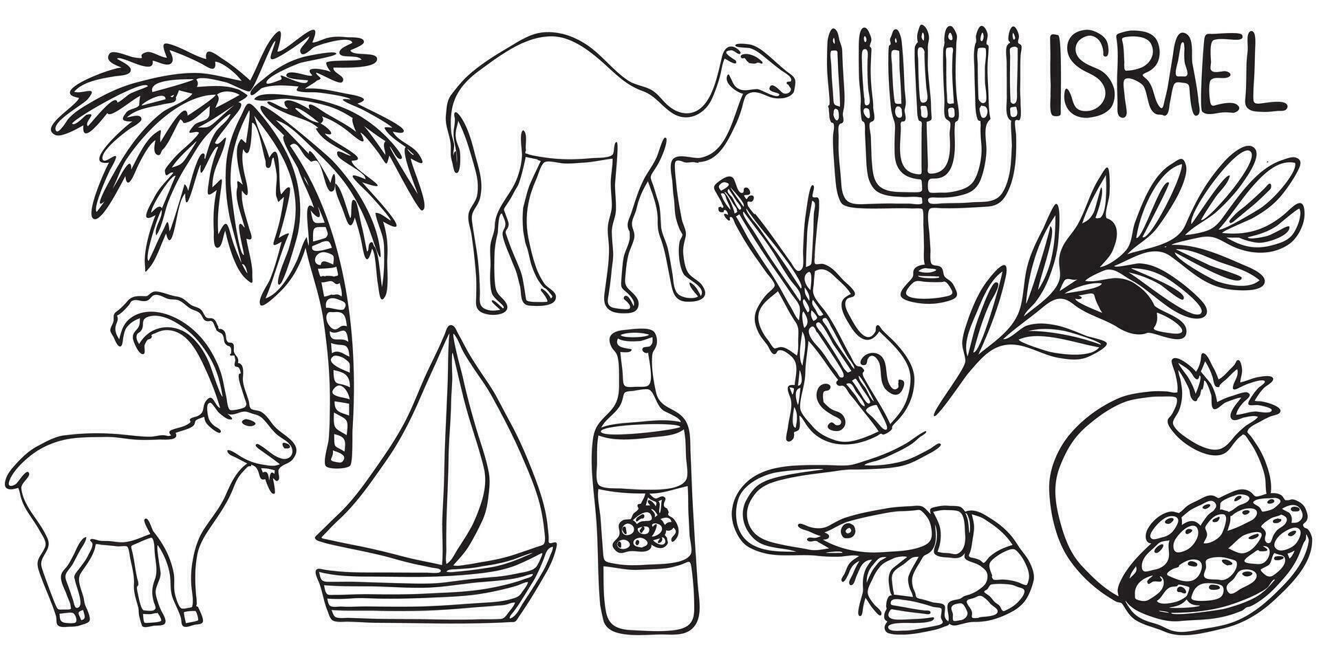 Symbols of Israel. Vector stock illustration. isolated on a white background. Camel, pomegranate, violin, wine, olives, shrimp, sail, palm, nubian ibex.