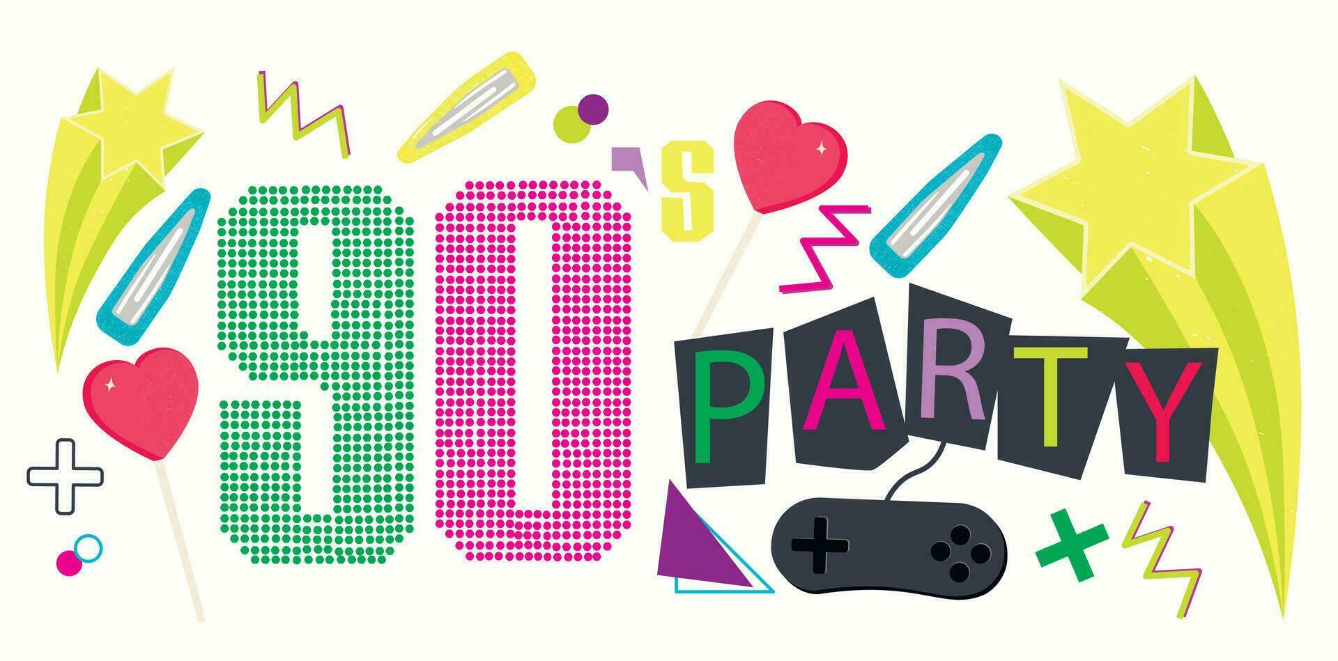 The 90's.  Aesthetic fashion background and eighties graphic. Pop and rock music party event template. Vector illustration in trendy 80s-90s memphis style.