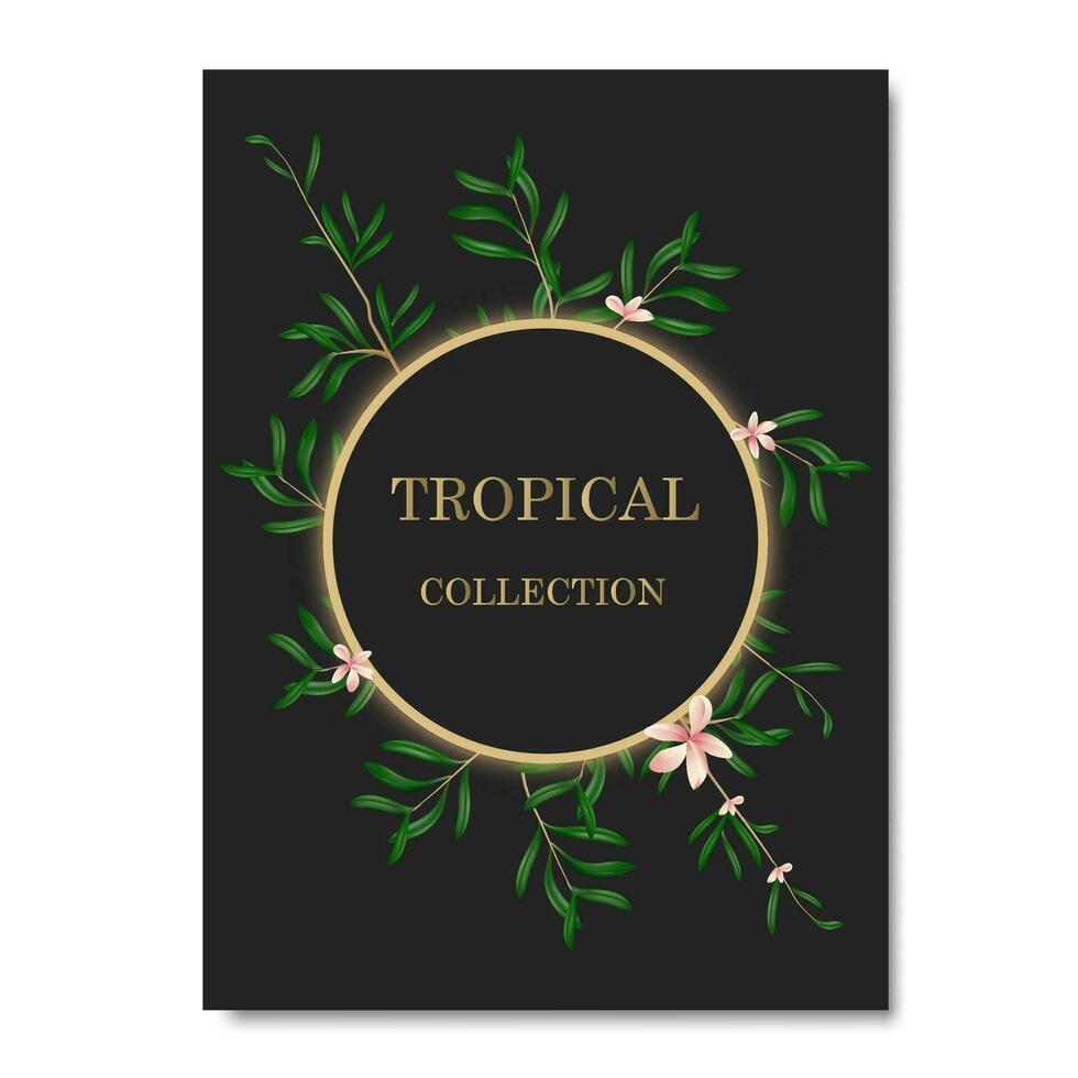 vector pancartas con verde tropical hojas, selva. exótico botánico adecuado para carteles, saludo tarjetas, pancartas o, invitaciones en un negro antecedentes