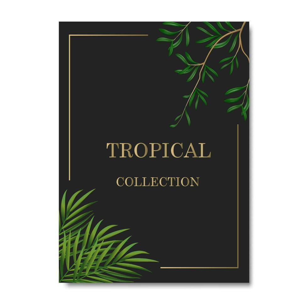 Vector banners with green tropical leaves, jungle. Exotic botanical suitable for posters, greeting cards, banners or,  invitations on a black background