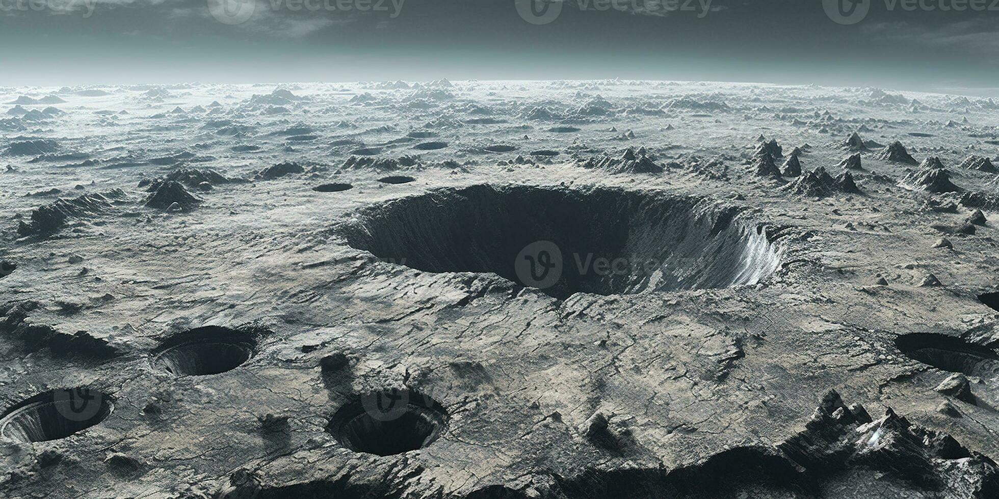 Generative AI, another alien planet surface relief, moon crater. Space background photo