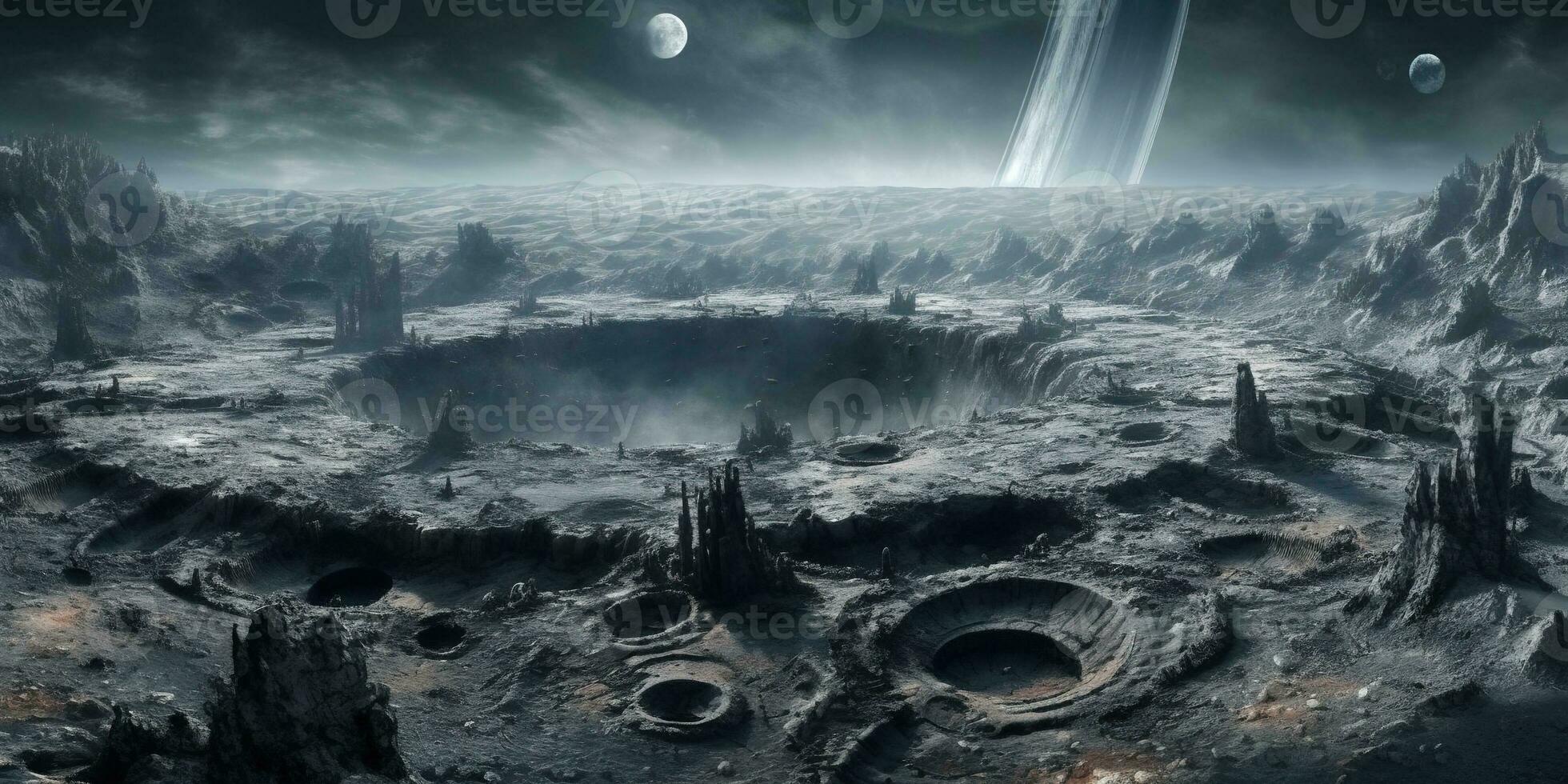 Generative AI, another alien planet surface relief, moon crater. Space background photo