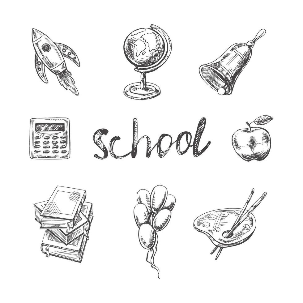 Back to School, hand drawn school sketch set. Doodle lettering and school object collection. Education Concept. Vintage sketch element. Vector illustration. Back to School.