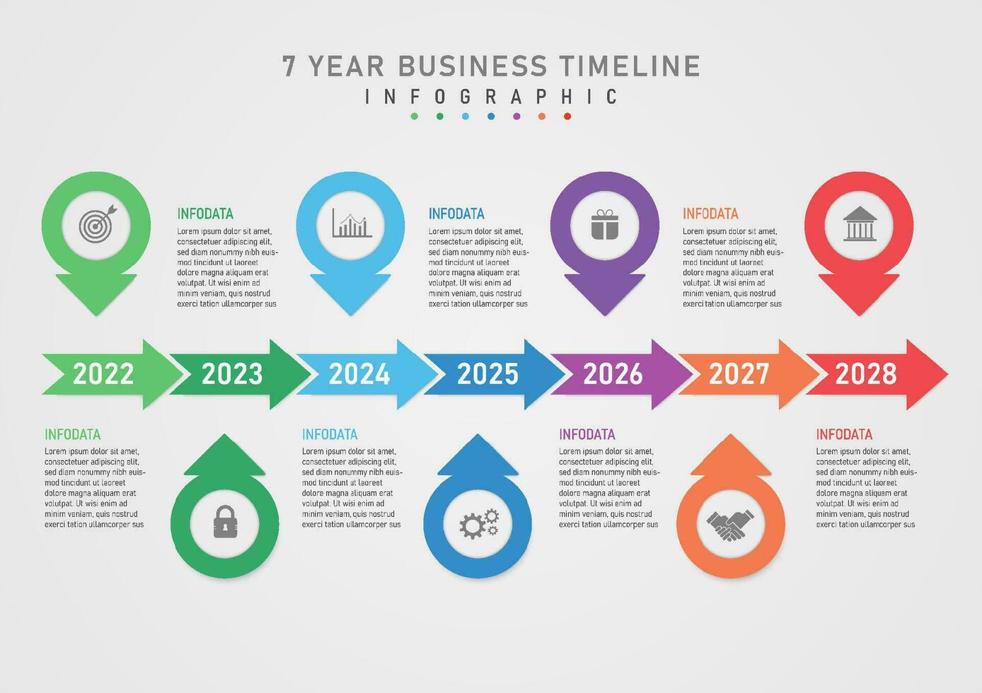 infographic timeline 7 years multi colored arrows in center with numbers above The upper and lower circles have gray icons in the middle of upper and lower letters on a gray gradient background. vector