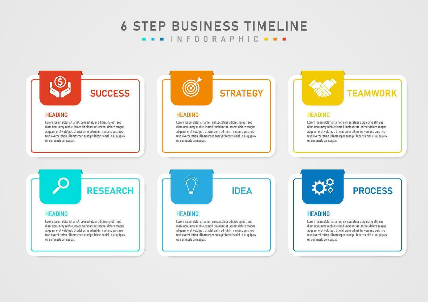 infographic template 6 steps business plan to success white squares and multi colored outlines with letters in the center of the square in the upper left corner with icons. gray gradient background vector