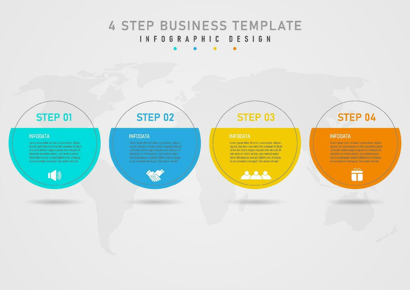 infographic 4 steps business semicircle multi color with gray circle outline The top has colored letters. below the white icon in the middle there is a letter map below gray gradient background vector