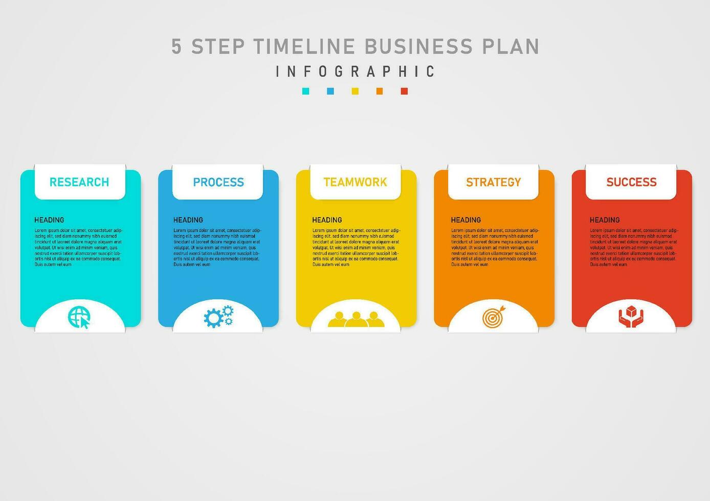 infographic 5 steps business plan success square multi color middle black letters white square top Center color characters The bottom white semicircle with the icon on a gray gradient background. vector