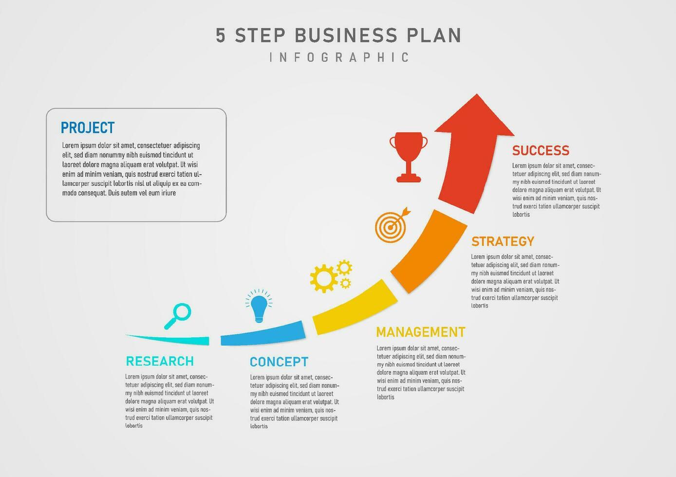 Infographic 5 steps. Business plan for success arrows divided into multicolored sections right side with lettering. On the left there is an icon. gray gradient background design for marketing, product vector