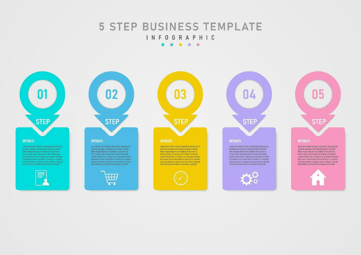 infografía modelo 5 5 paso negocio sencillo multi de colores círculos con flechas en el centrar con números el letra cuadrado en el fondo centrar tiene un blanco icono. gris degradado antecedentes vector