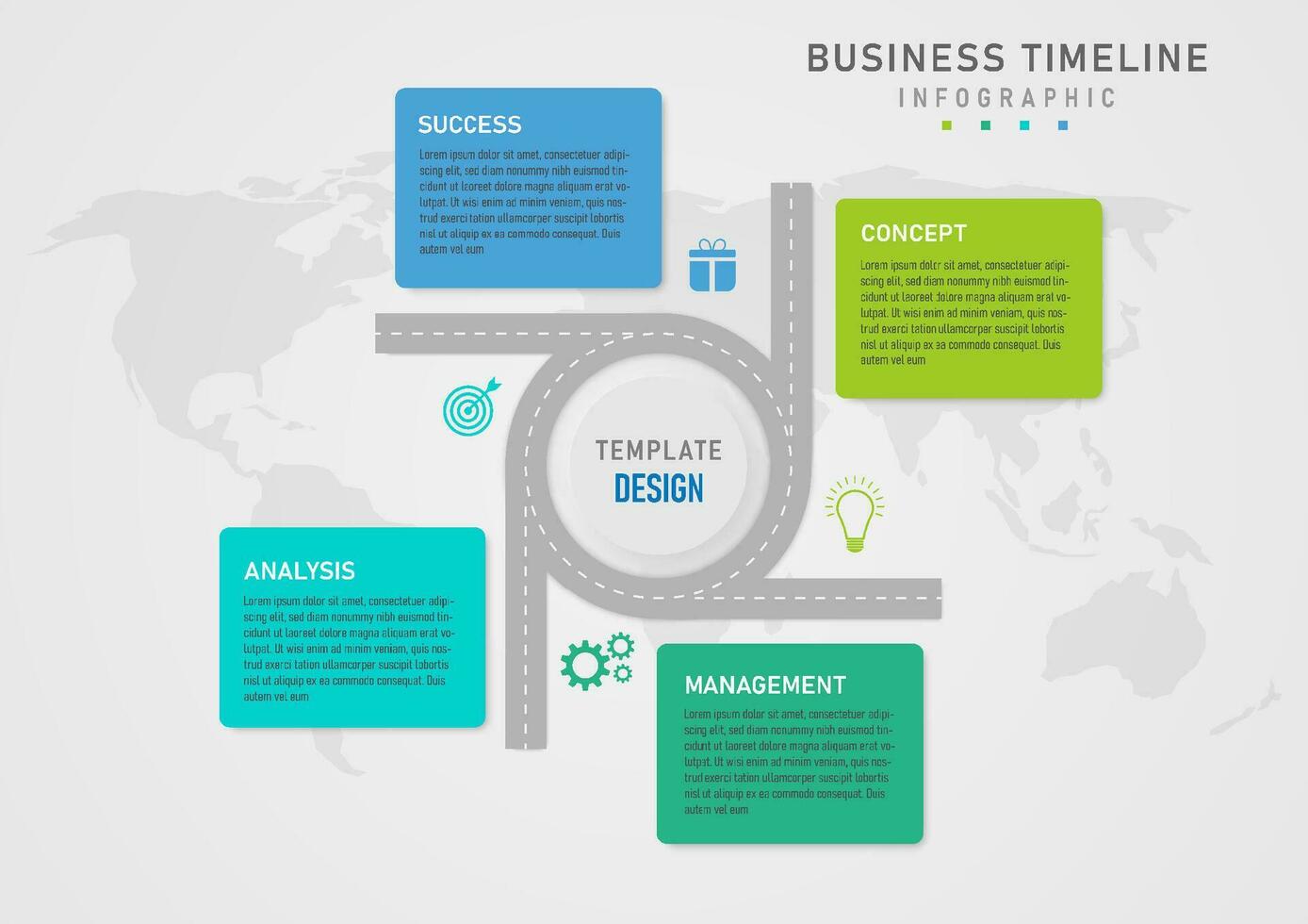 4 step business planning infographic The gray circular road in the center has buttons and letters inside. A square frame with letters in the center outside. Map below with a gray gradient background. vector