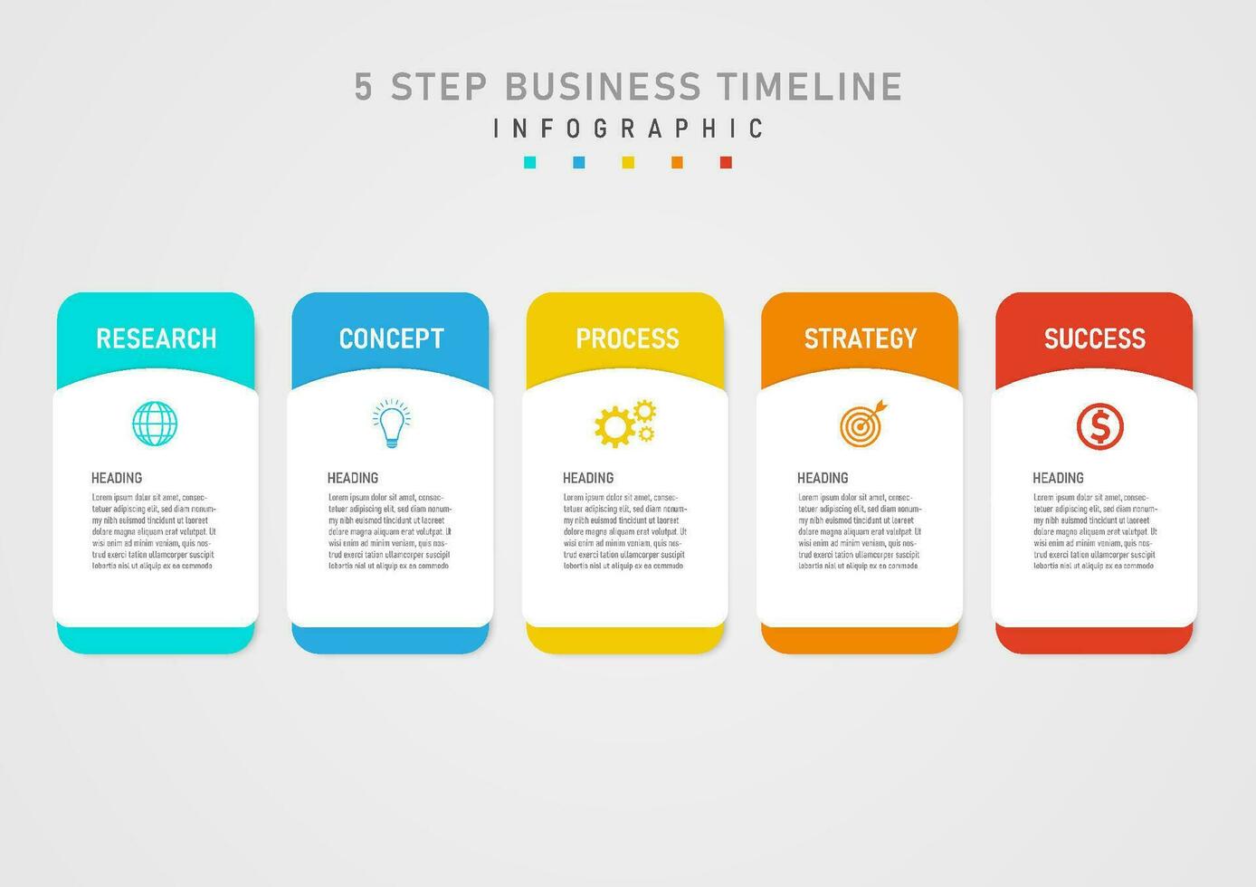 Infographic Template Simple 5 Step Business Plan for Success multi colored squares The empty space in the middle places letters and icons. gray gradient background design for product, marketing vector