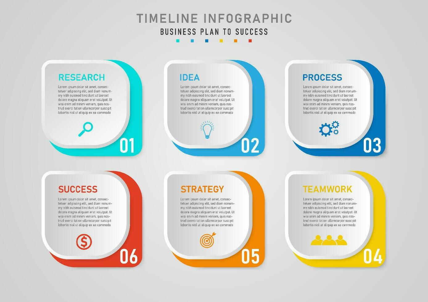 infographic template 6 step business plan for success multi colored rounded rectangle top gray button There is a letter and an icon in the middle. numbers in the bottom corner gray gradient background vector