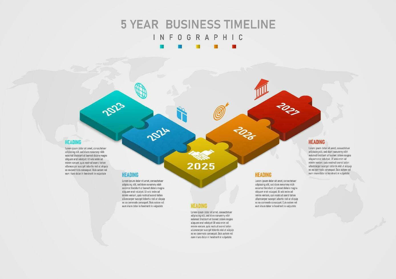3D infographic business template timeline 5 years multi colored perspective squares aligned numbers in center top icons. Below are the letters map below gray gradient background vector
