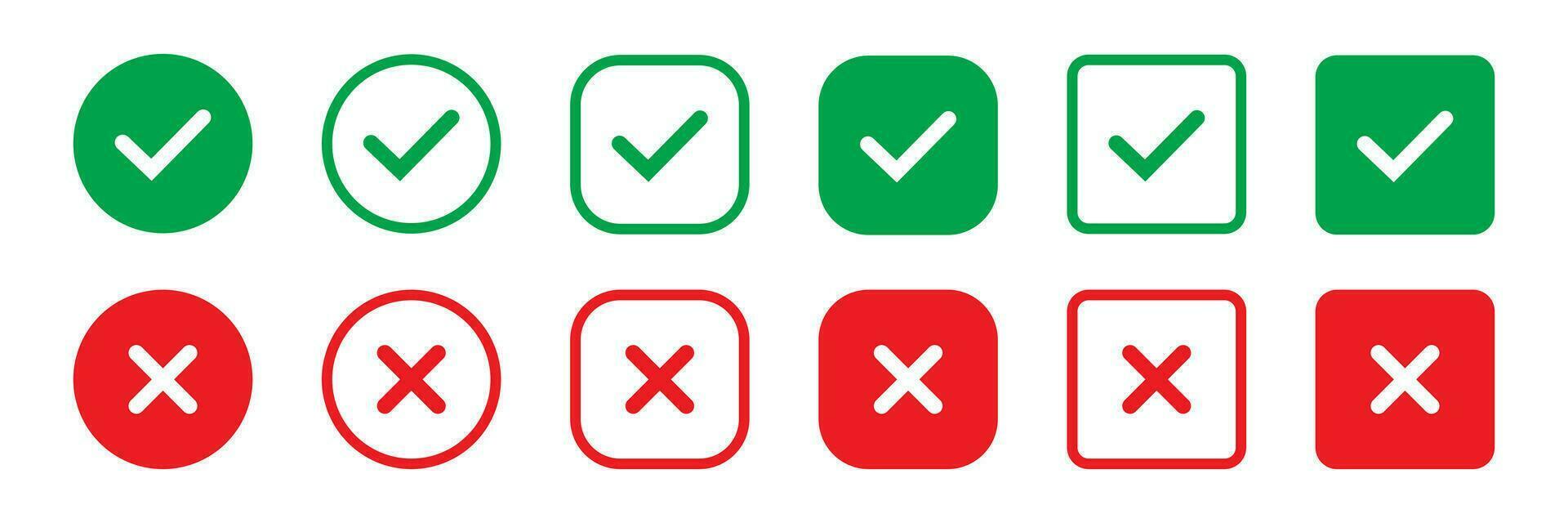 verde garrapata y rojo cruzar marcas de verificación en circulo plano iconos si o No línea símbolo, aprobado o rechazado icono para usuario interfaz. vector