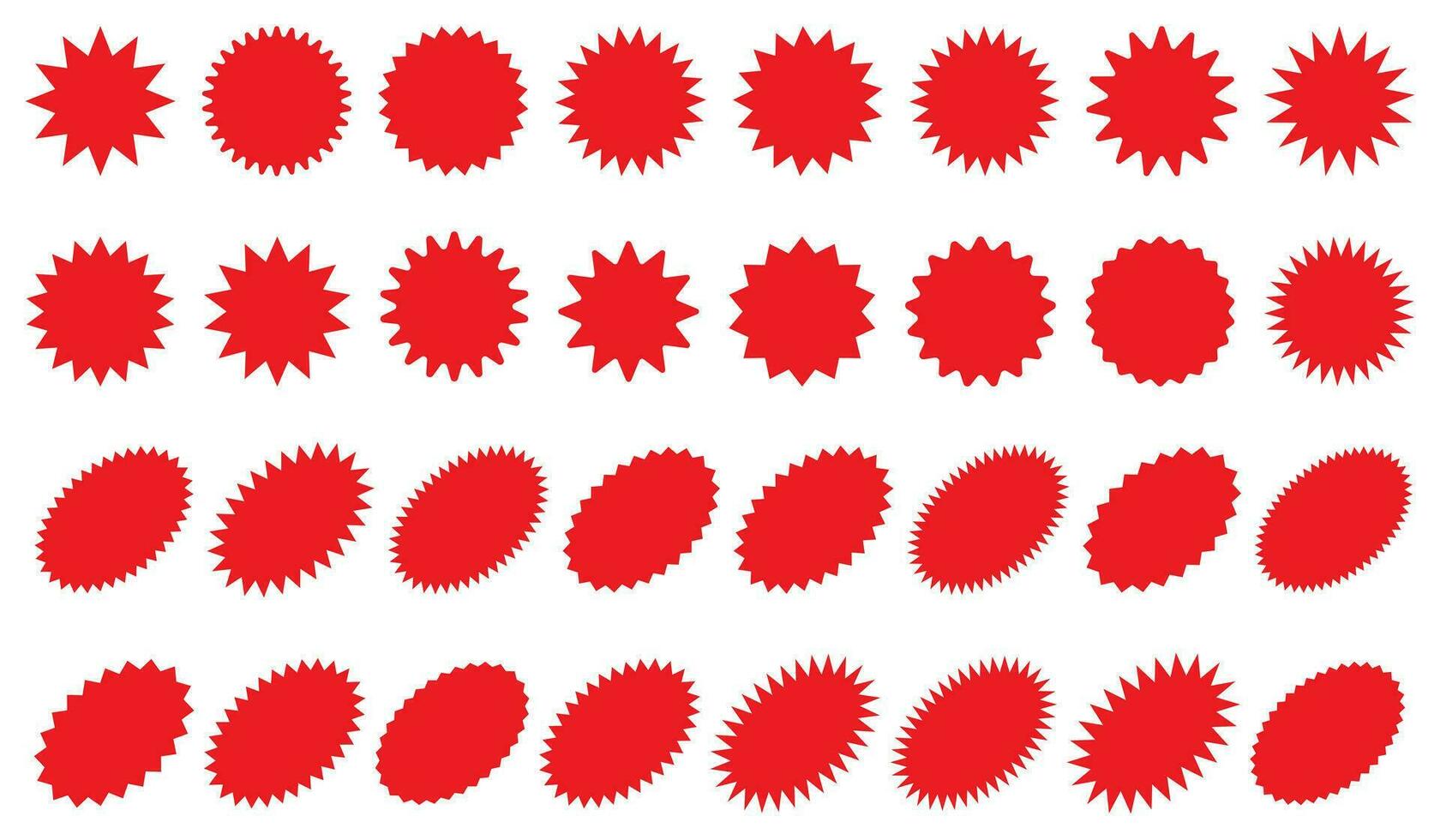 Starburst red sticker set - collection of special offer sale round and oval sunburst labels and buttons isolated on white background. Stickers and badges with star edges for promo advertising. vector