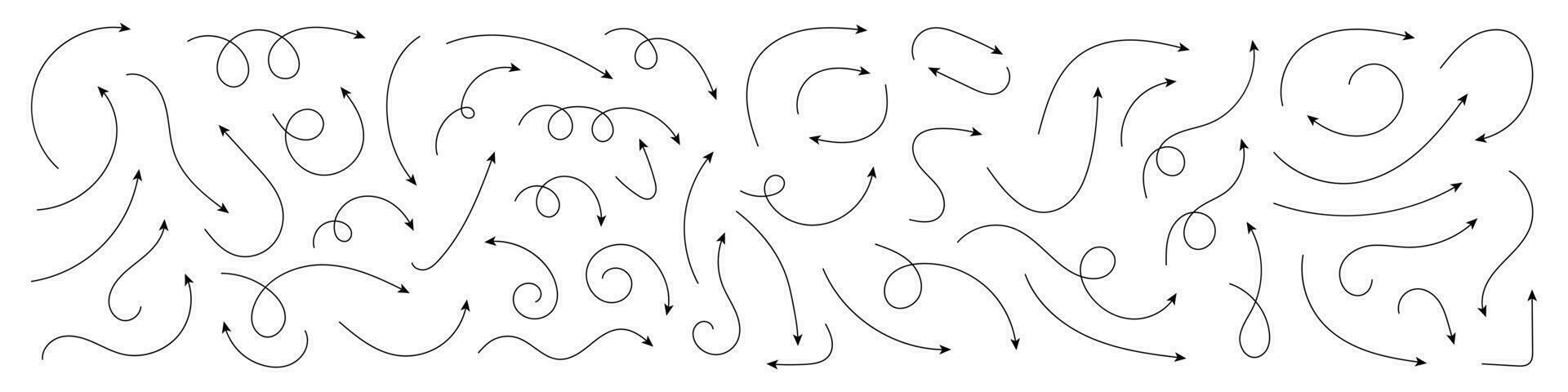 Set of hand drawn curved arrows. vector