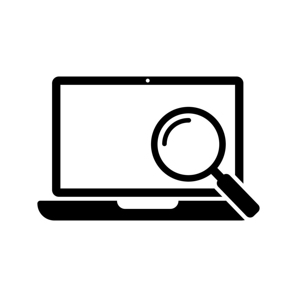 Search icon. Browser symbol. Webpage, internet icon with search sign. Find icon. Laptop with magnifying glass. vector