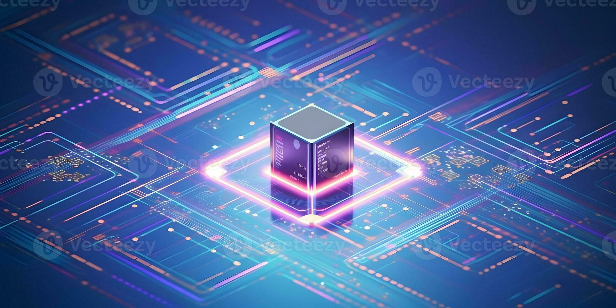 Data storage cube between neon pathways. Quantum computing, database, cloud computing concept. photo