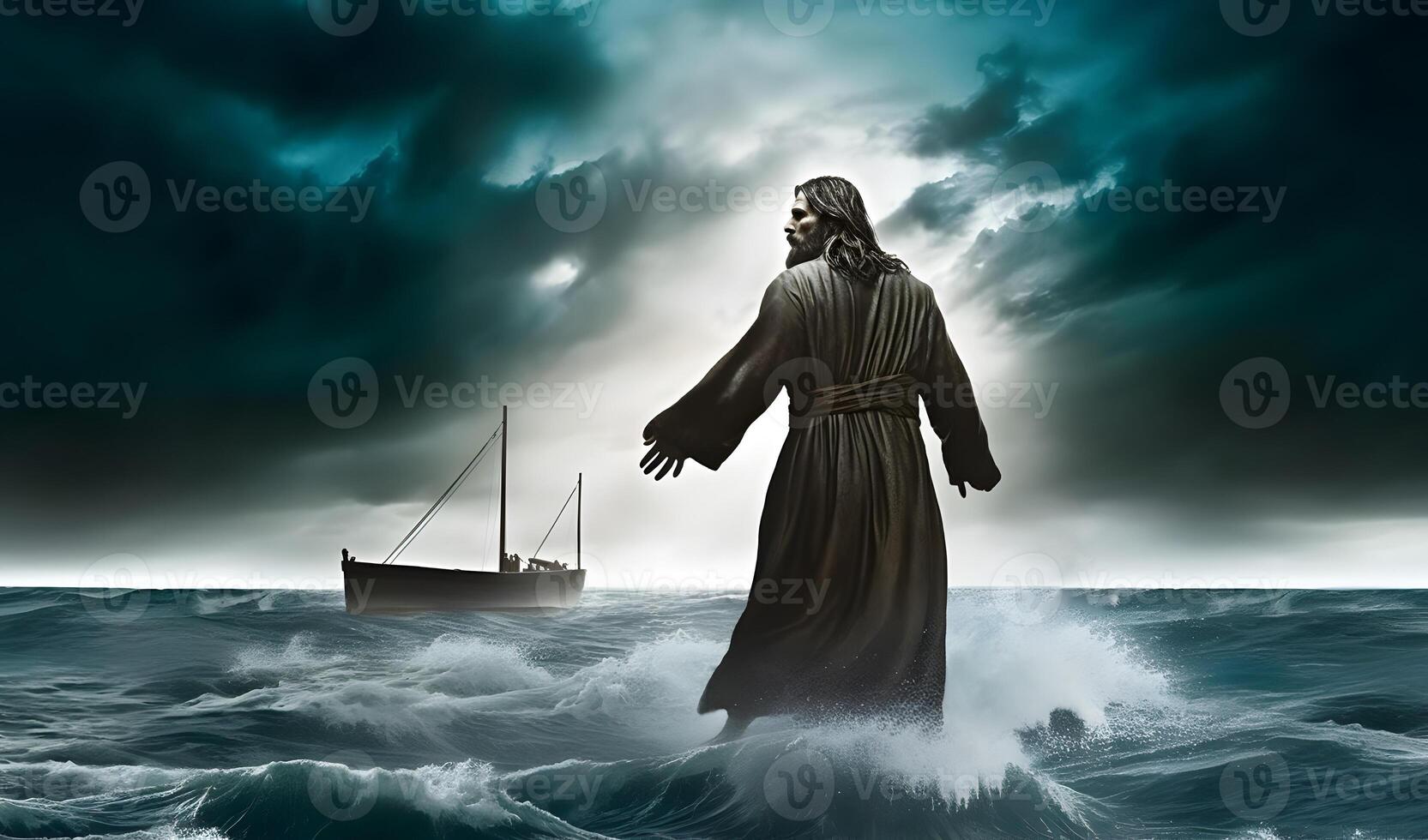 Jesus Christ walking on water across the sea towards a boat. photo