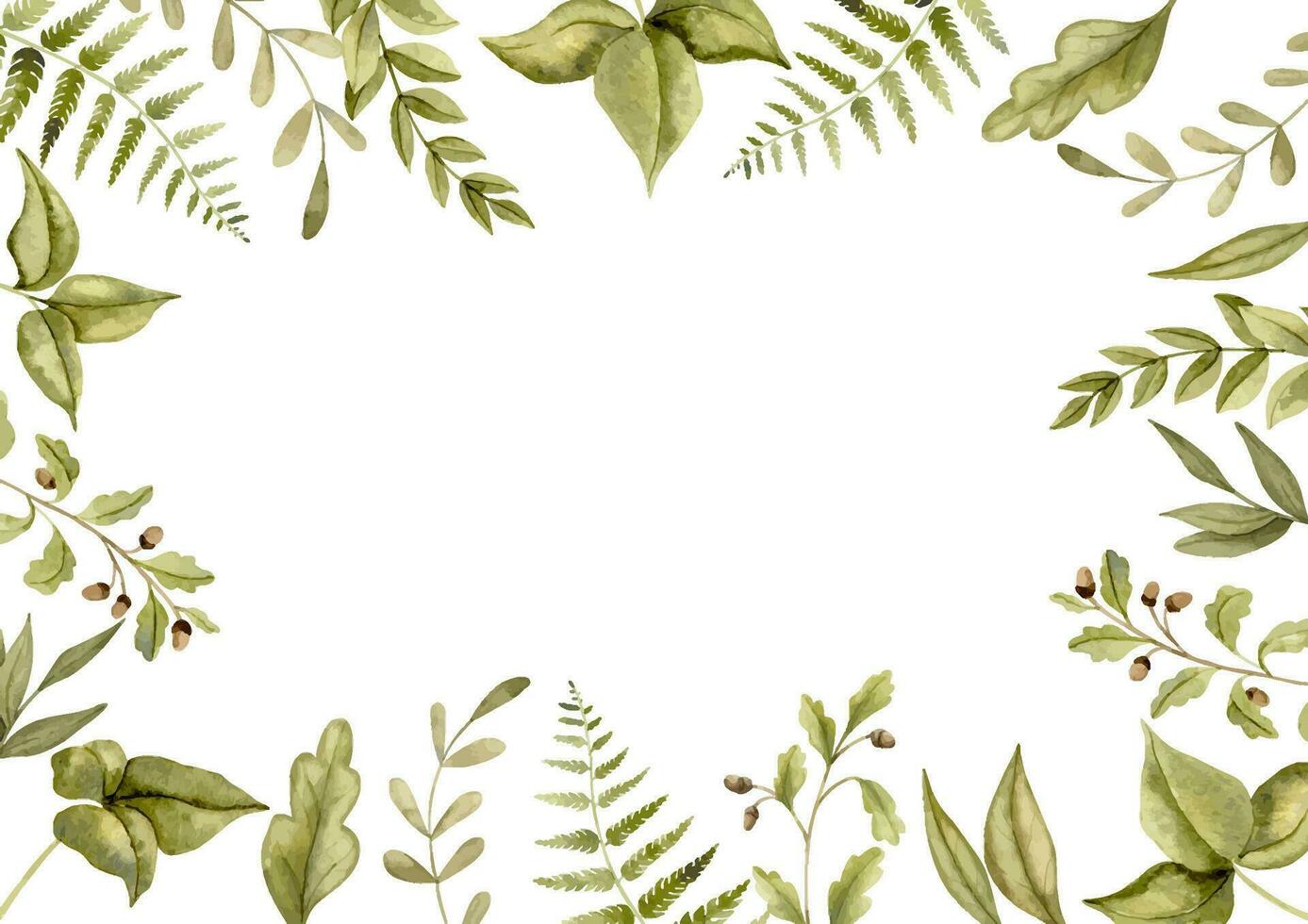 bosque rectangular marco. mano dibujado acuarela ilustración con modelo para bebé ducha saludo tarjetas o Boda invitaciones en aislado antecedentes. frontera con bosque hojas y ramas vector