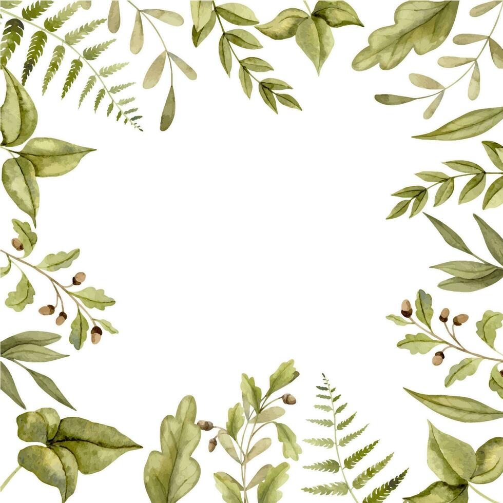 cuadrado marco con bosque verde hojas. mano dibujado acuarela ilustración de modelo para saludo tarjetas oe invitaciones bosque frontera con ramas para icono o logo en aislado antecedentes vector