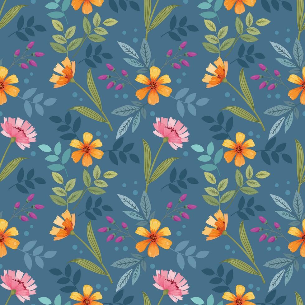 Cute colorful flowers on green color seamless pattern. vector