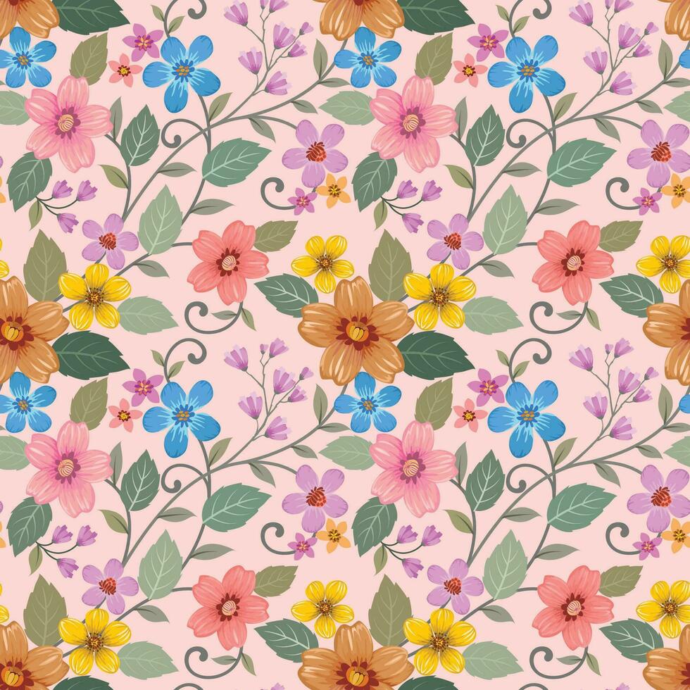 Colorful flowers with leaf seamless pattern. vector