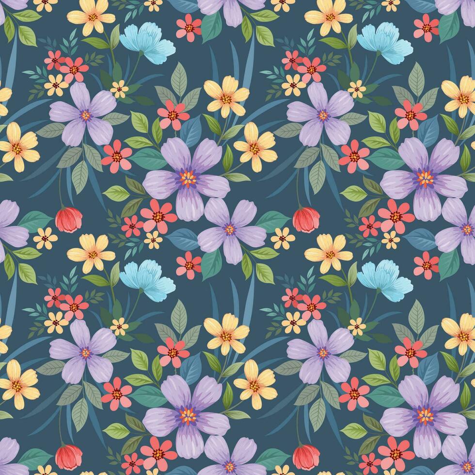 Orange yellow and violet color flower with green leaf seamless pattern. vector