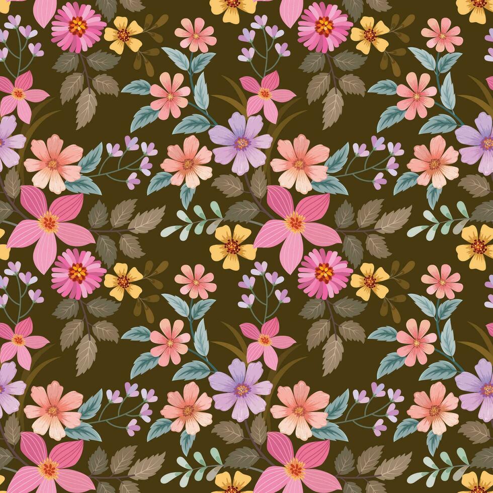 Colorful flowers with leaf on brown color background seamless pattern. vector