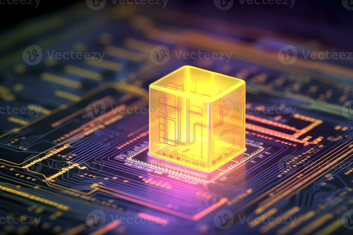 Data storage cube between neon pathways. Quantum computing, database, cloud computing concept. photo
