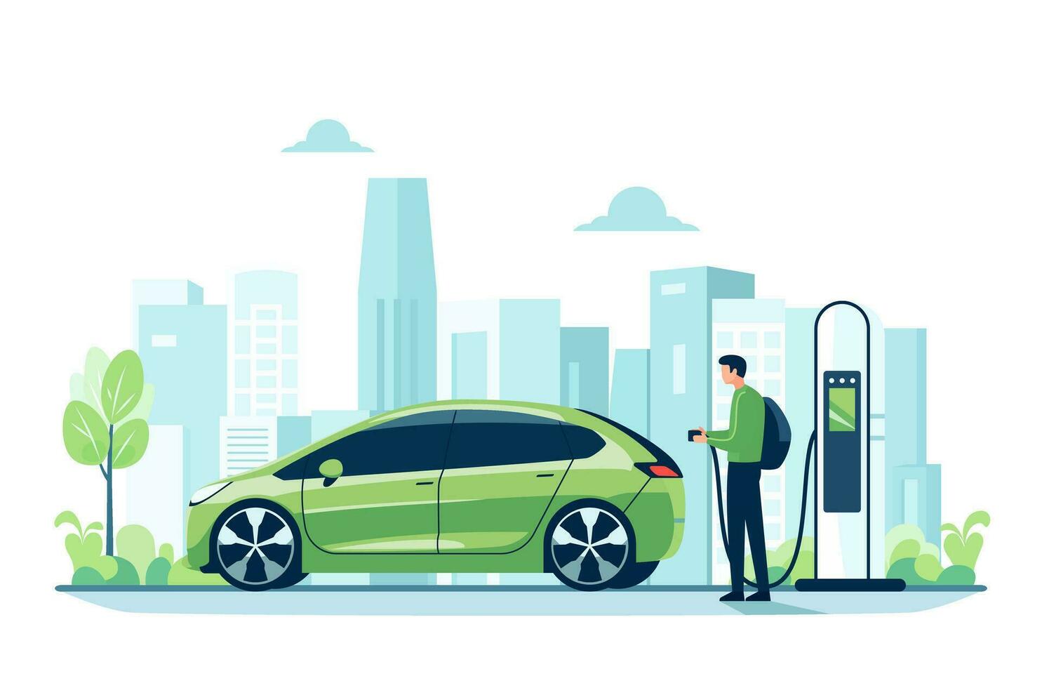 Futuristic Electric Vehicle, Electric Car Charging Station, Environmentally Friendly Transportation, Save the Earth Concept, Flat Style Vector Illustration.