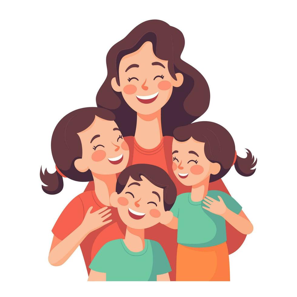 madre con niños, mamá con hijo y hija, contento familia momentos, plano estilo dibujos animados ilustración vector. de la madre día concepto. vector