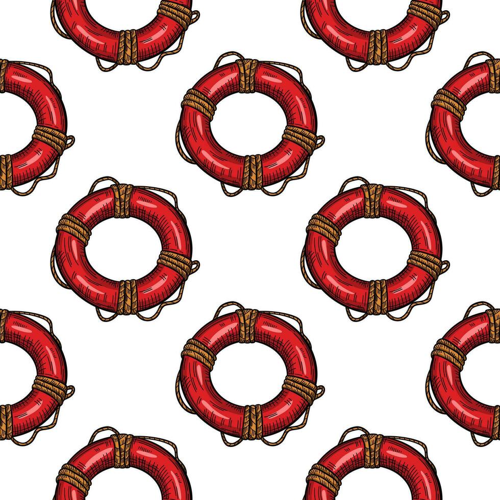 Vintage lifebuoy with rope sketch seamless pattern. Hand drawn life ring in engraving style wallpaper. vector