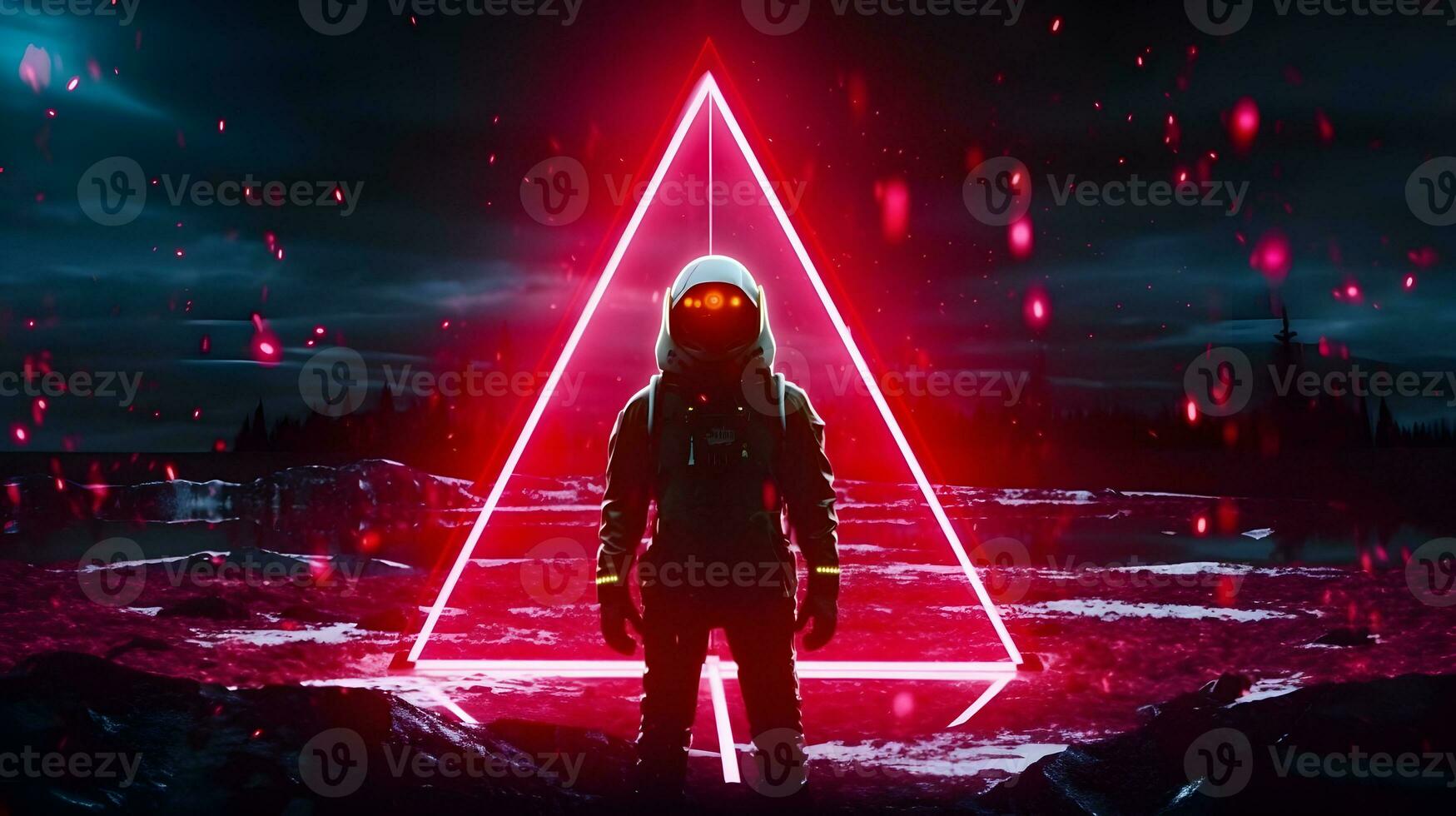 Spaceman or astronaut with triangular shape neon lights. AI generated. photo