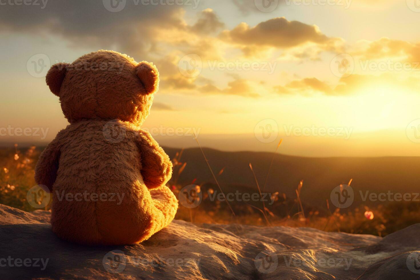 Back view of teddy bear toy sitting with background of mountain view at sunset. photo
