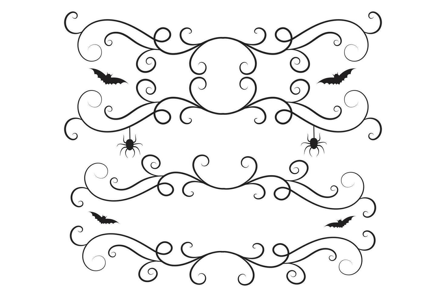 set of Halloween calligraphy victorian flourish filigree wilds swirls, vintage menu ornaments, vines spiral corner frame, decorative swirl border, bat vine scroll spider luxury swirls ornamental vector