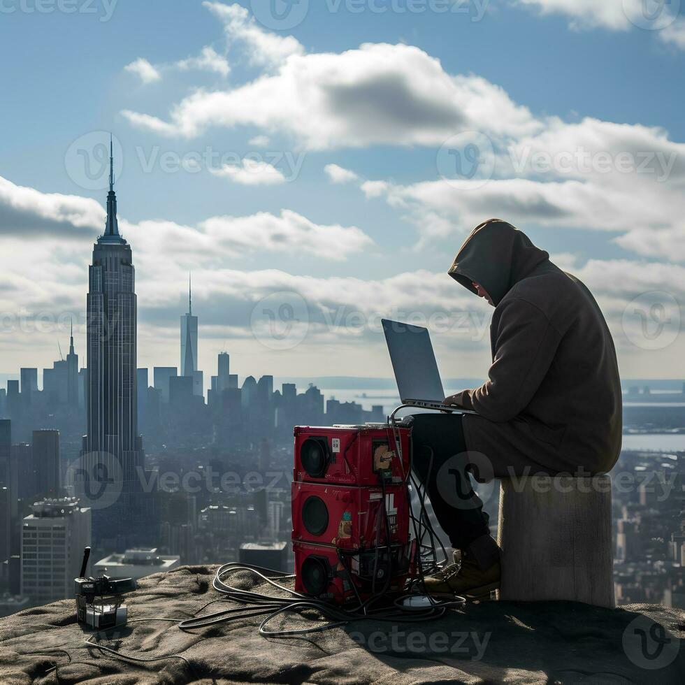 Anonymous hacker with hoodie typing laptop at the top of skyscraper. AI generated photo