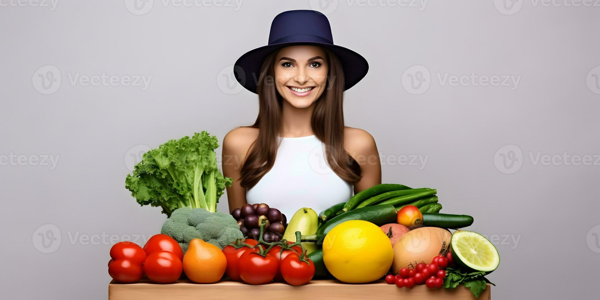 Gardener girl with hat holding vegetables. photo